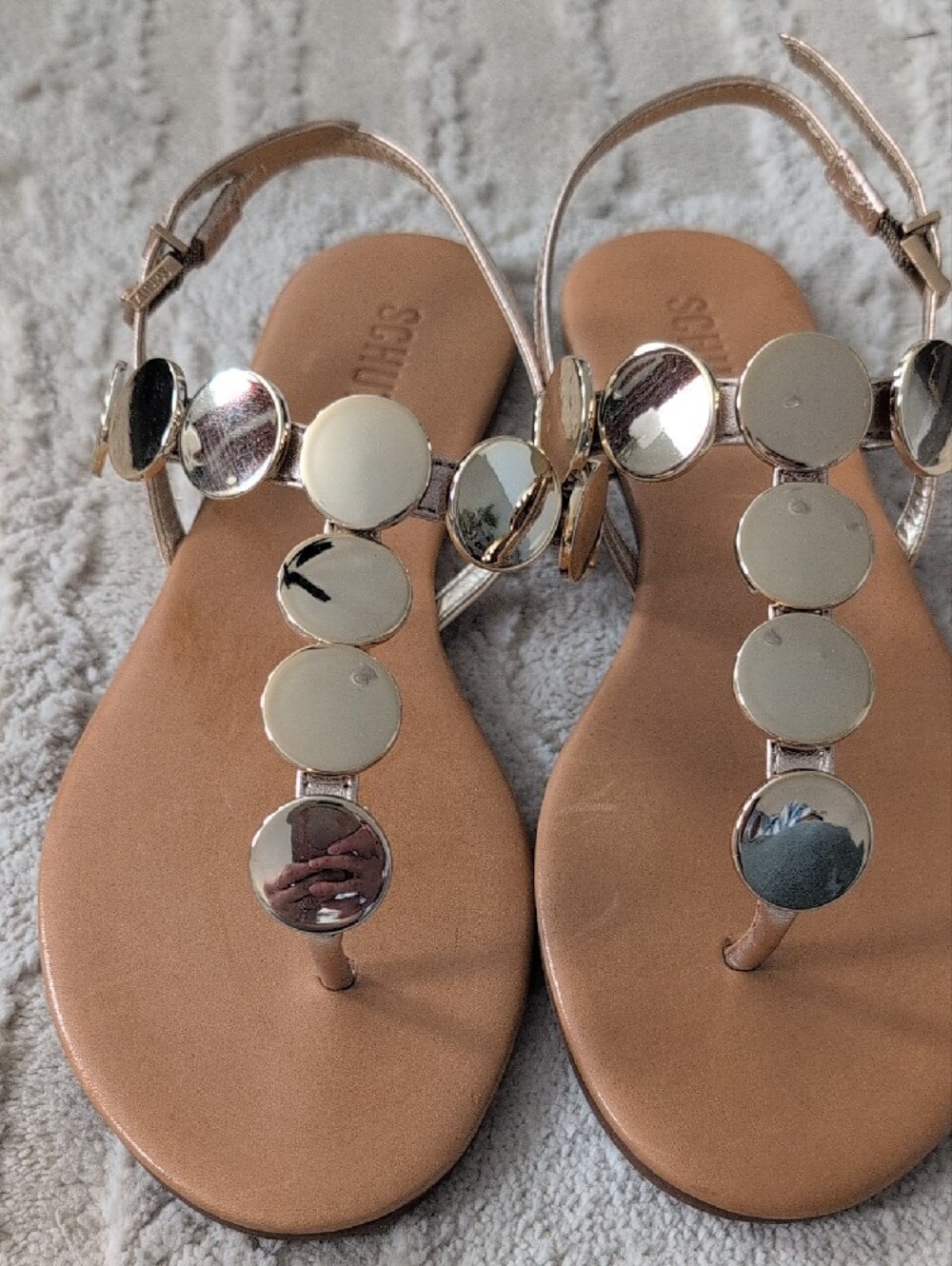 Gold T-Strap Embellished Sandals Size 7B - Picture 2 of 5